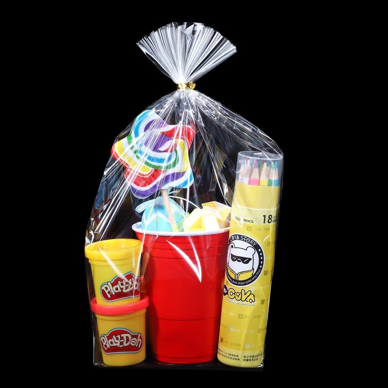 ZIMCEMS 50Pcs 10X14 inch Bottom Gusset Bags Clear Cellophane Gift Wrap Bags Basket Wrapping Plastic Large Cello Bags for Party Favors Treats Mug with 5" Twist Ties - Image 4